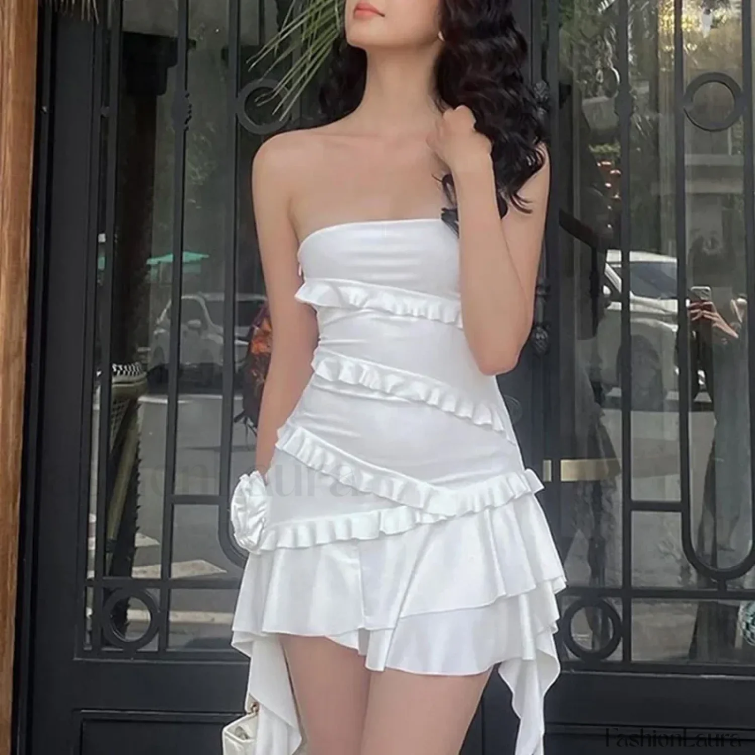 Y2K Off Shoulder Strapless Ruffle Hem Mini Floral Dress - Image 6