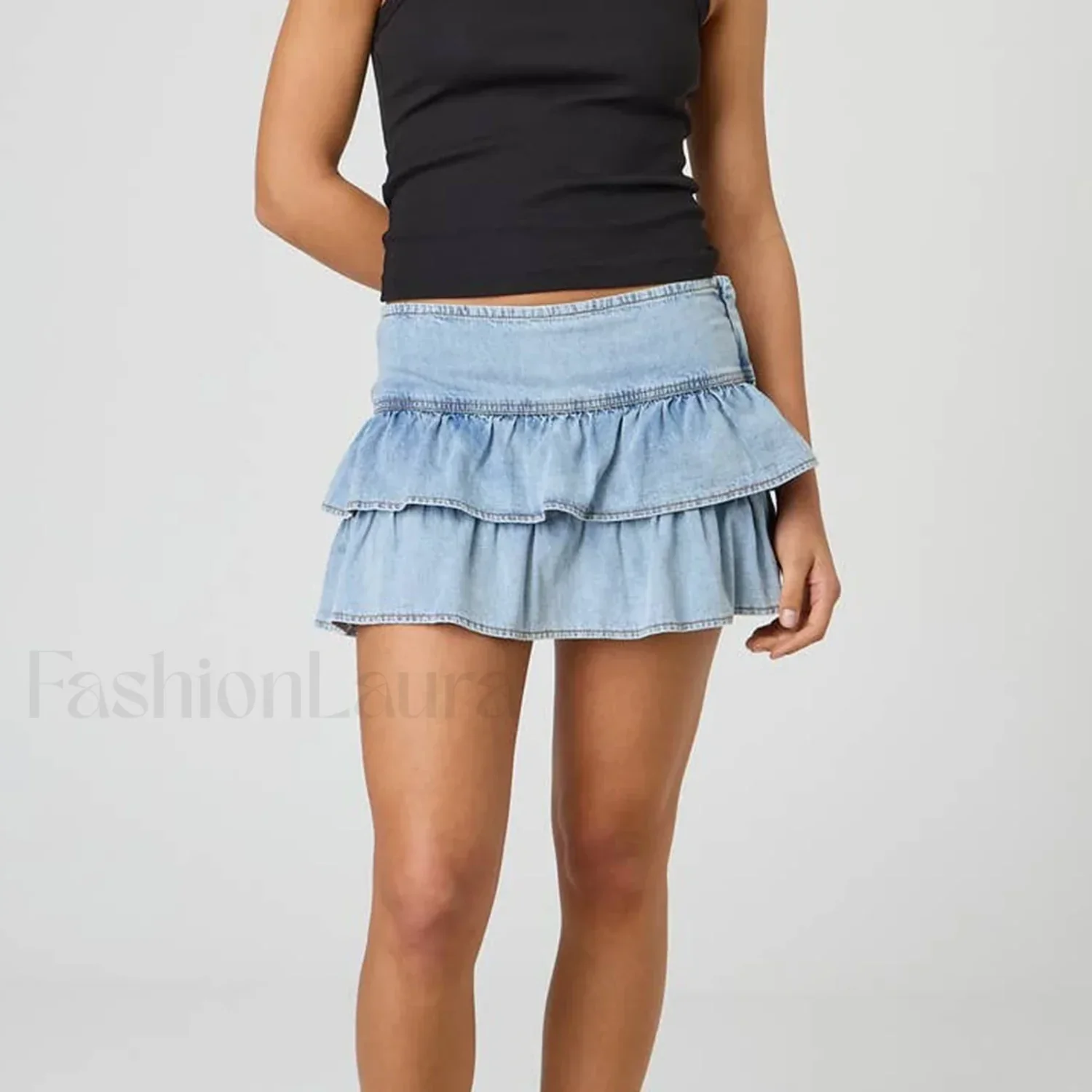 Zipper Ruffle Denim Skirt - Image 10