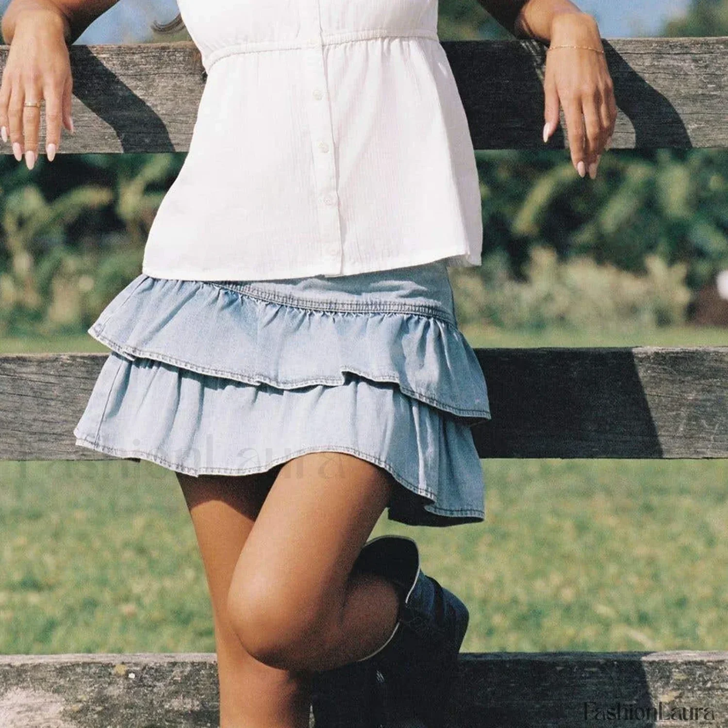 Zipper Ruffle Denim Skirt - Image 11
