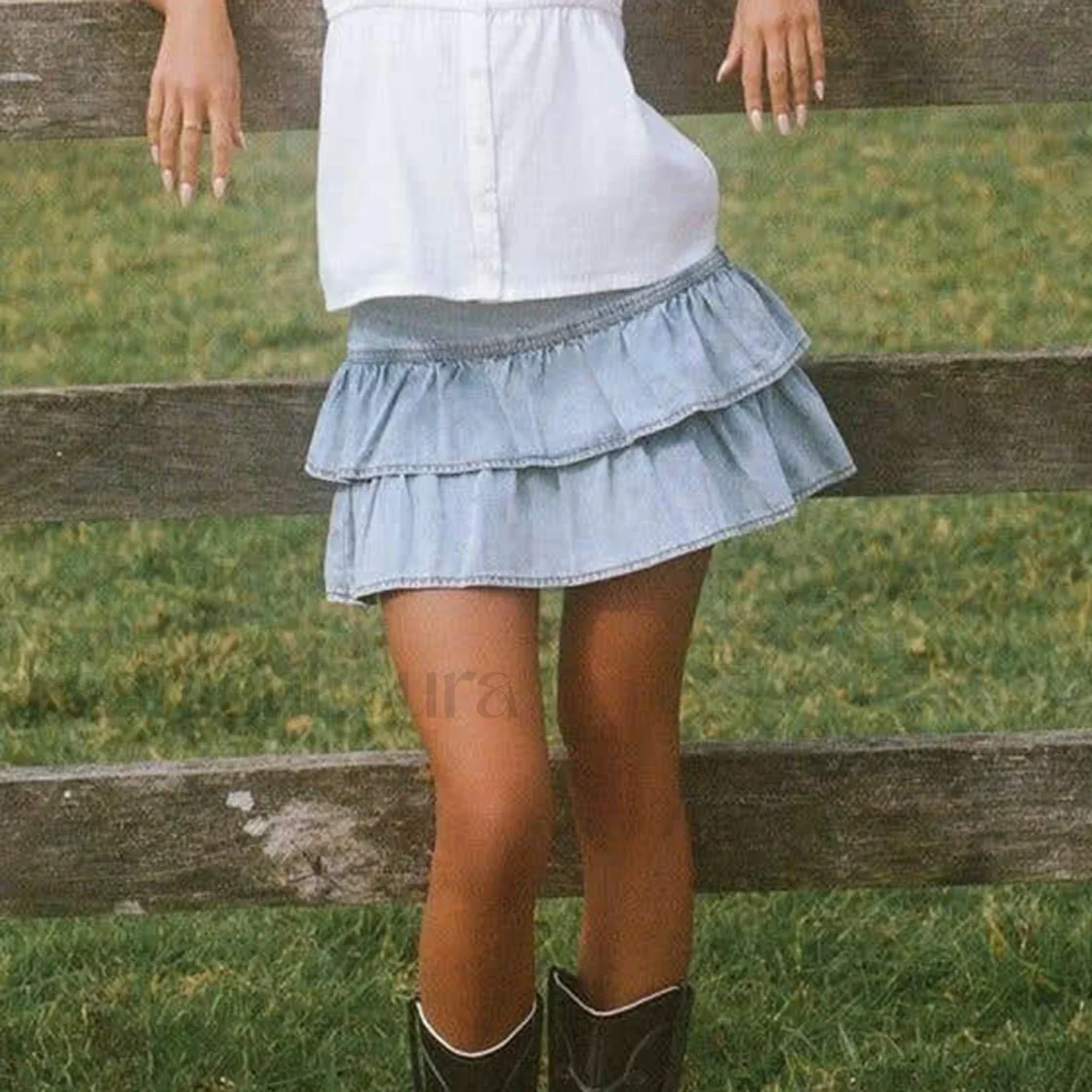 Zipper Ruffle Denim Skirt - Image 4
