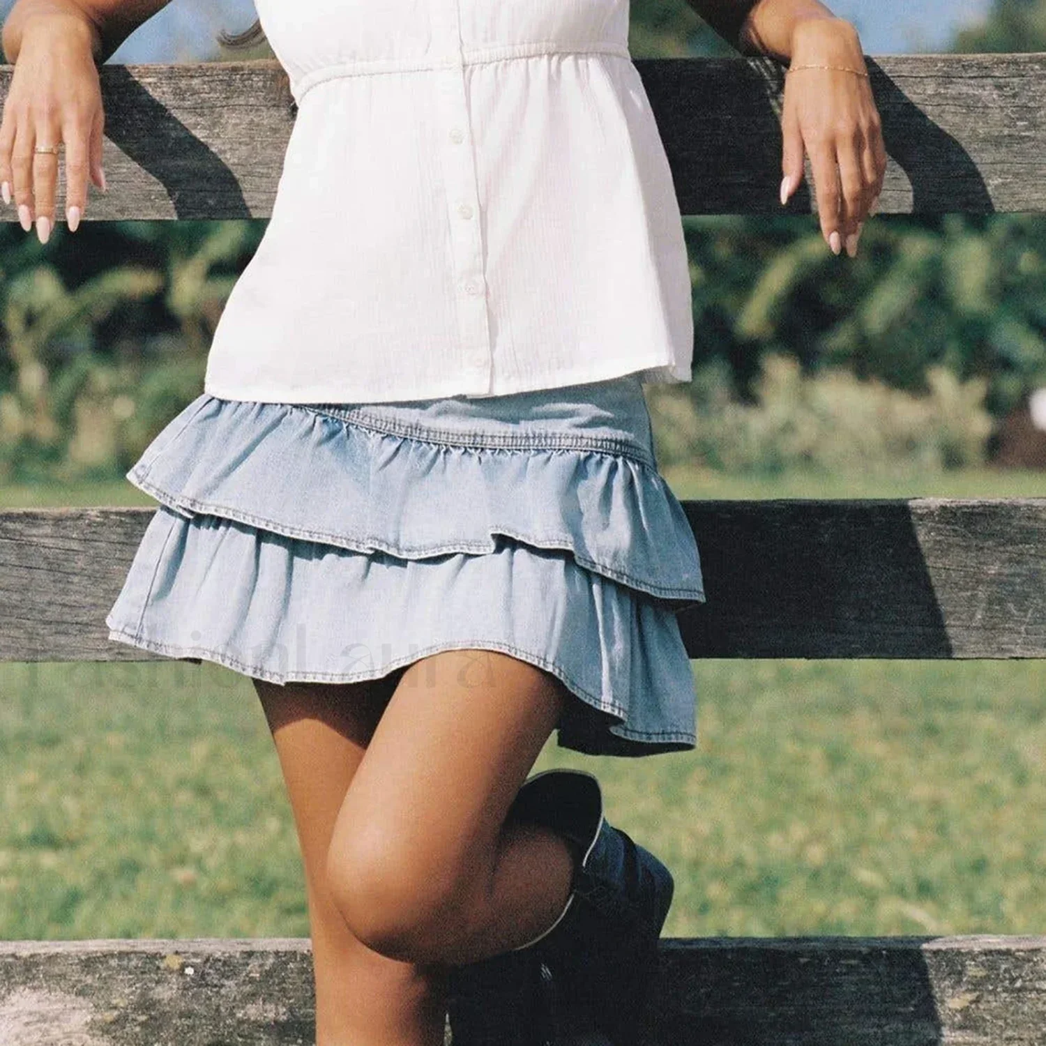 Zipper Ruffle Denim Skirt - Image 6